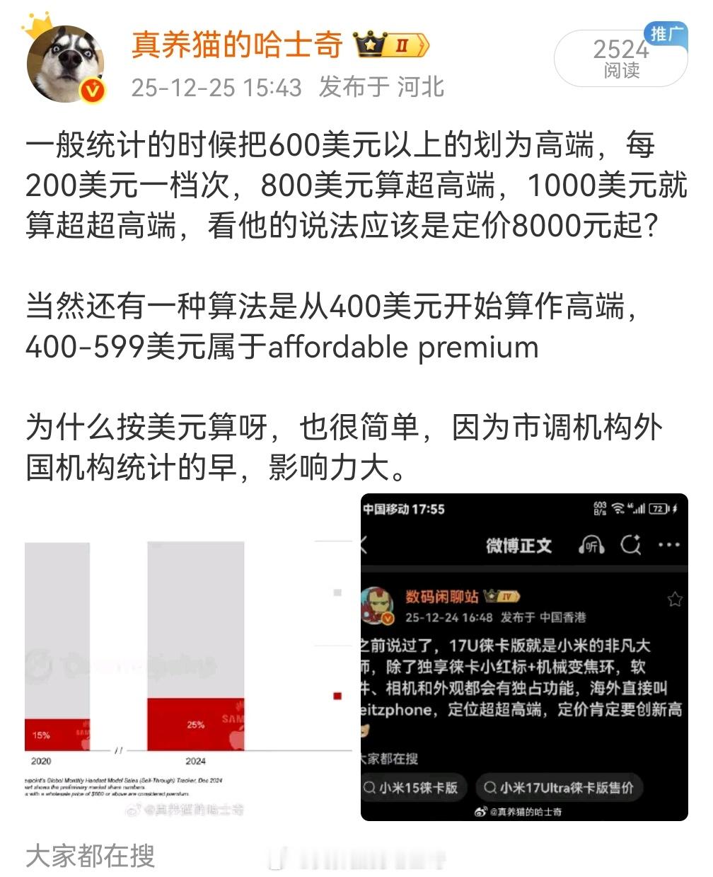 其实小米17ultra价格 7999（徕卡版），说超超高端没问题，市调机构的统计