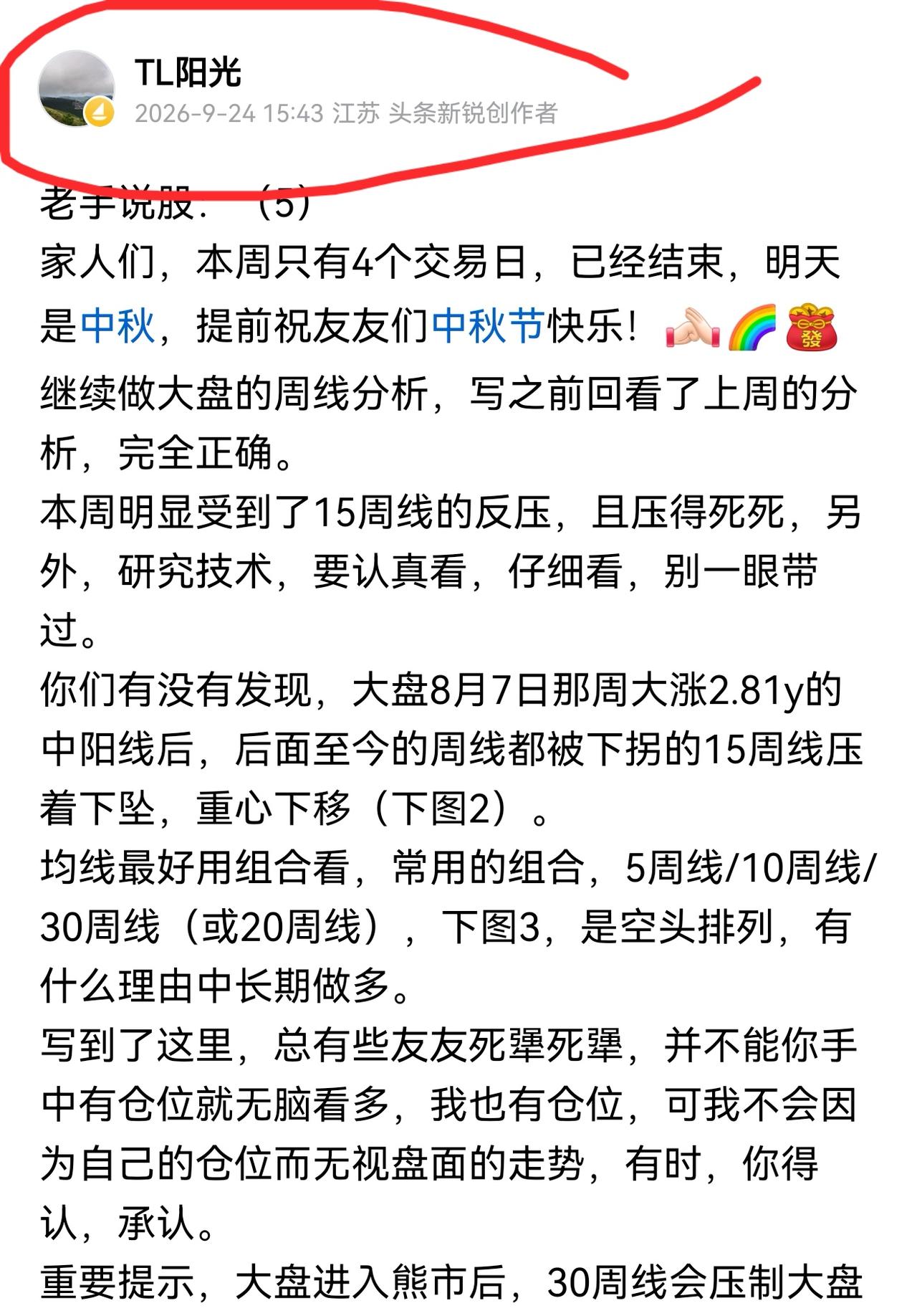 老手说股：（5）
家人们，本周3个交易日，如24号做的周线分析，本周重心继续下移