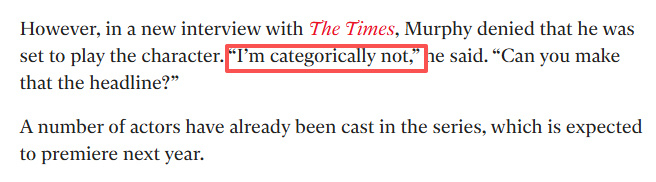 基里安墨菲否认出演伏地魔 基里安•墨菲向《泰晤士报》否认了有关他将参演剧版《哈利