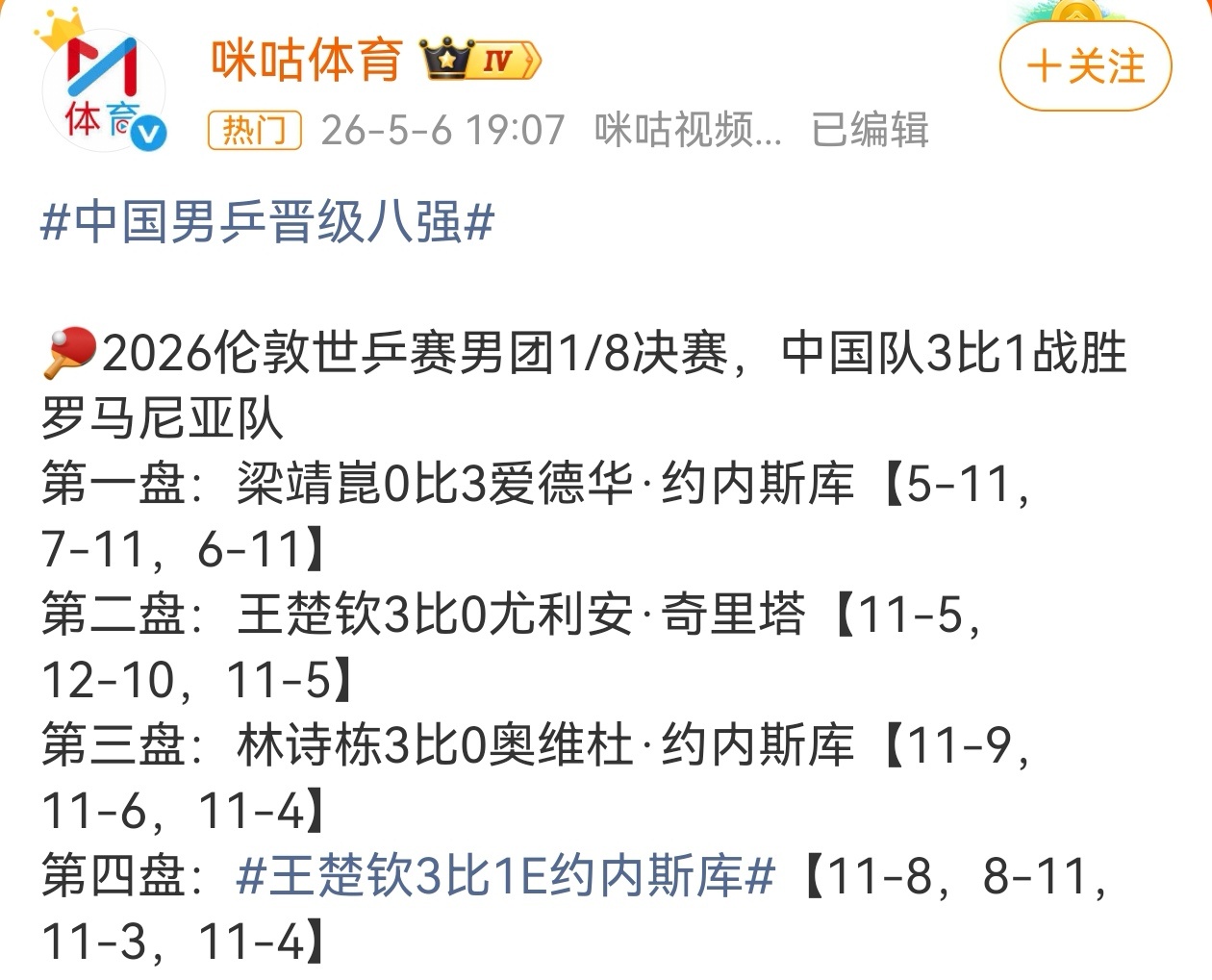 5月6日，2026伦敦世乒赛男团1/8决赛，国乒男团开局先丢一盘情况下，王楚钦、