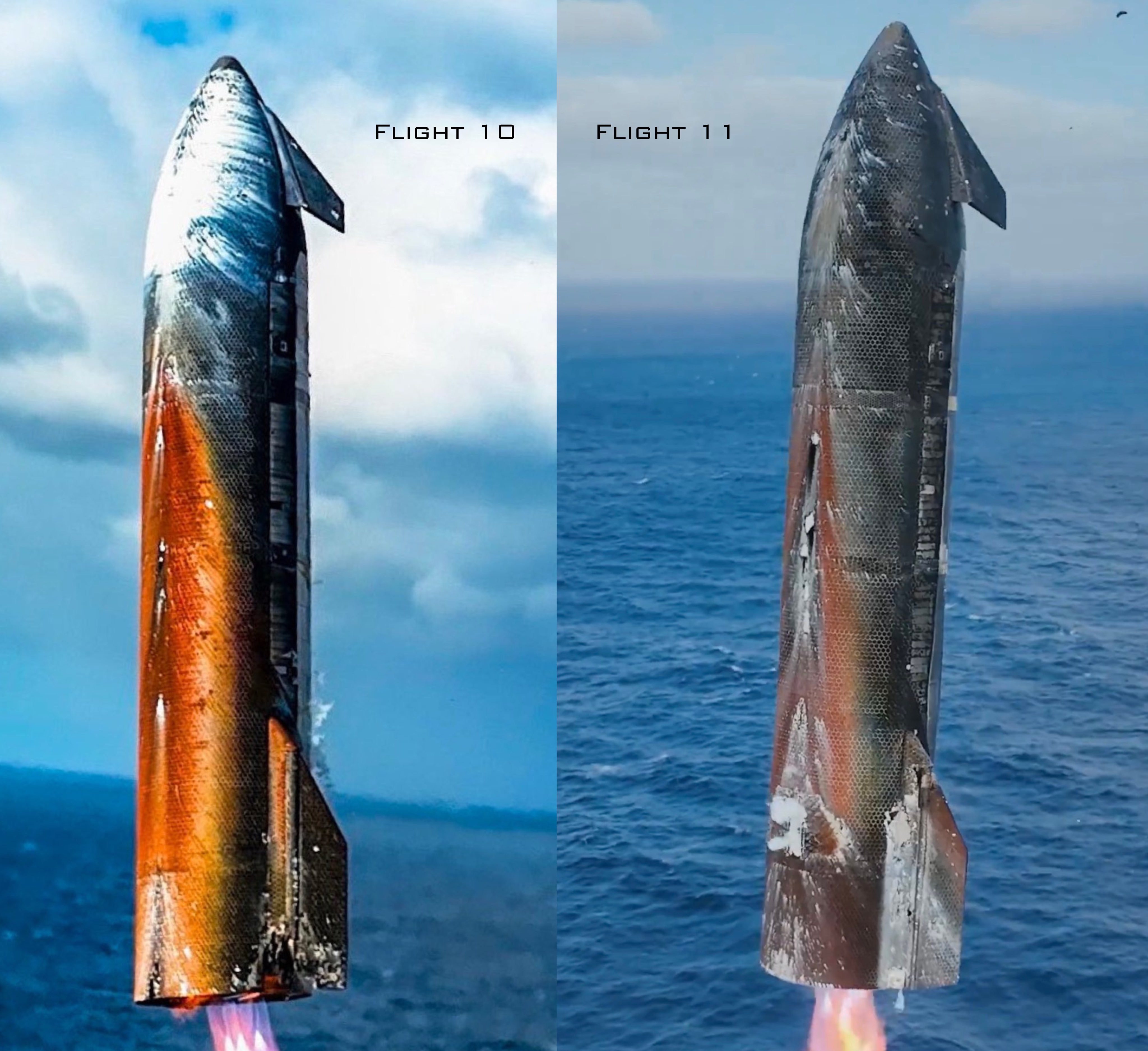 SpaceX星舰10飞和11飞溅落状态对比 ​​​