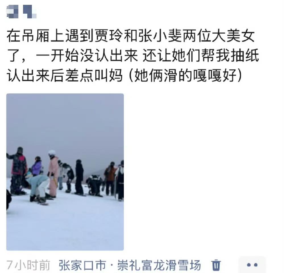 1月10日，有网友晒出了在张家口富龙滑雪场偶遇贾玲和张小斐的照片，照片中两人穿着