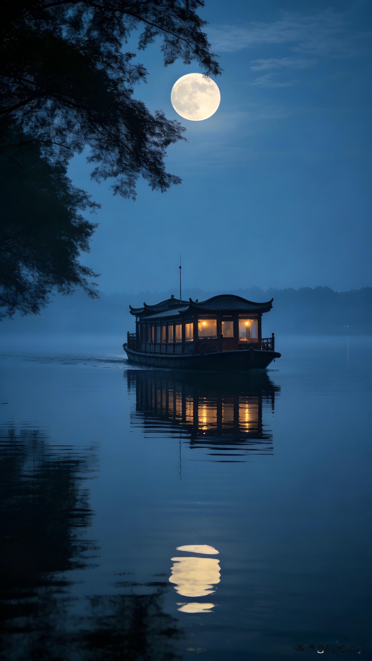 湖边见画舫映月，突然蹦出一句上联，有没有大神能对出绝配的下联？
上联：画舫凌波随