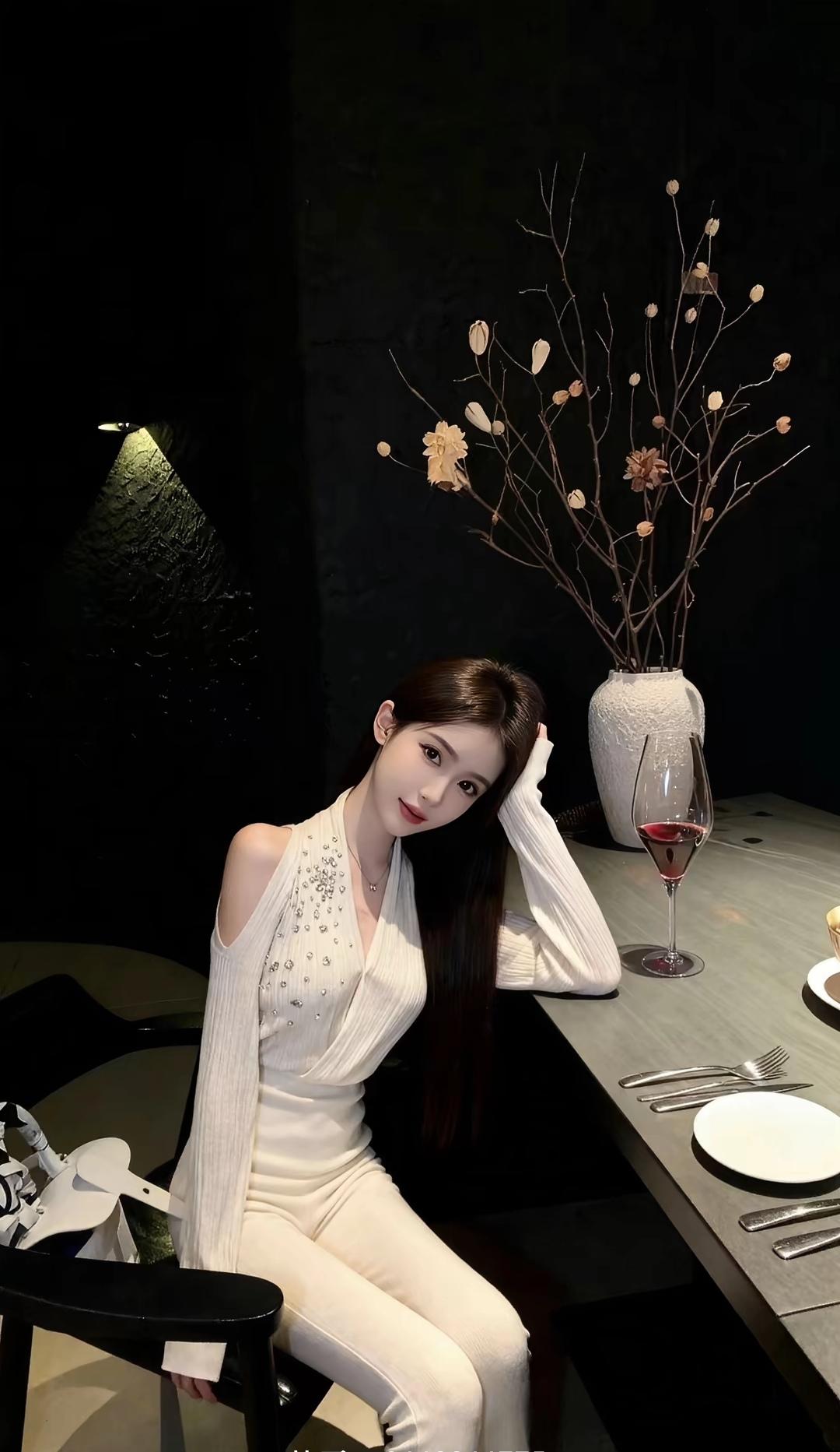 优雅夜晚，白裙佳人，红酒相伴，静享时光。