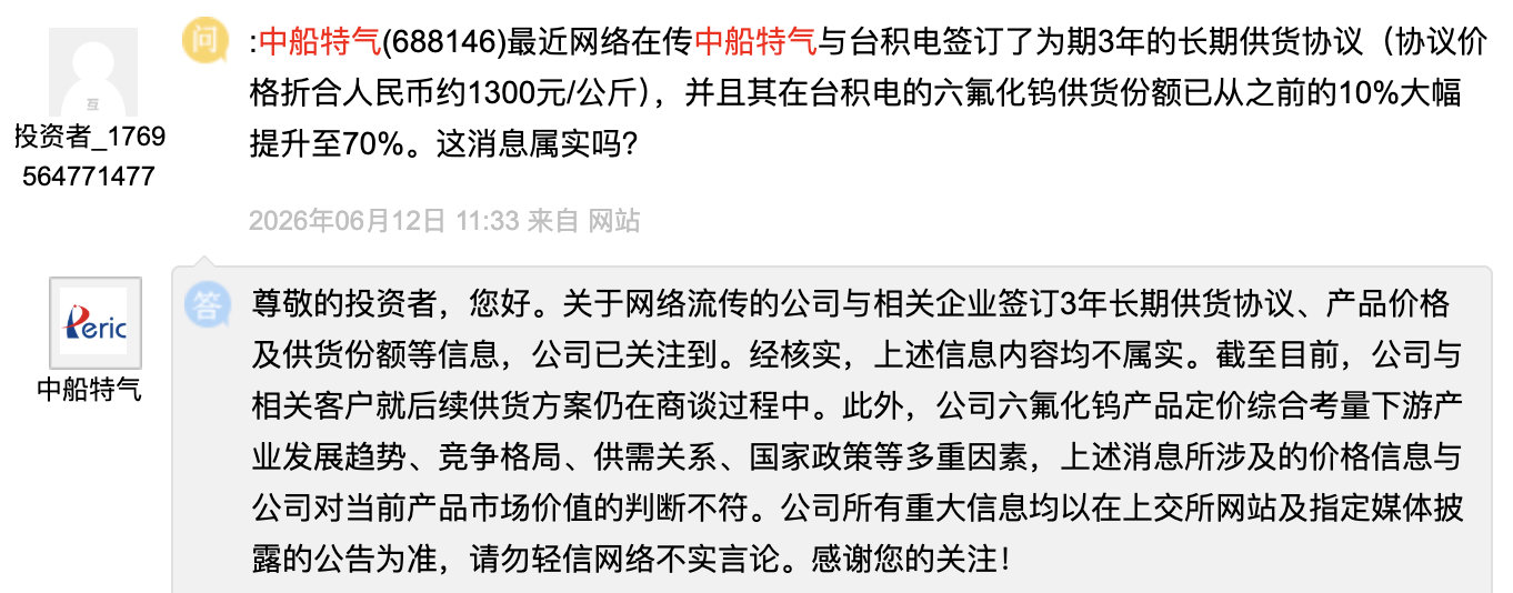 【6倍牛股澄清网传大单】中船特气澄清网传大单 6月15日，有投资者就网络流传的“