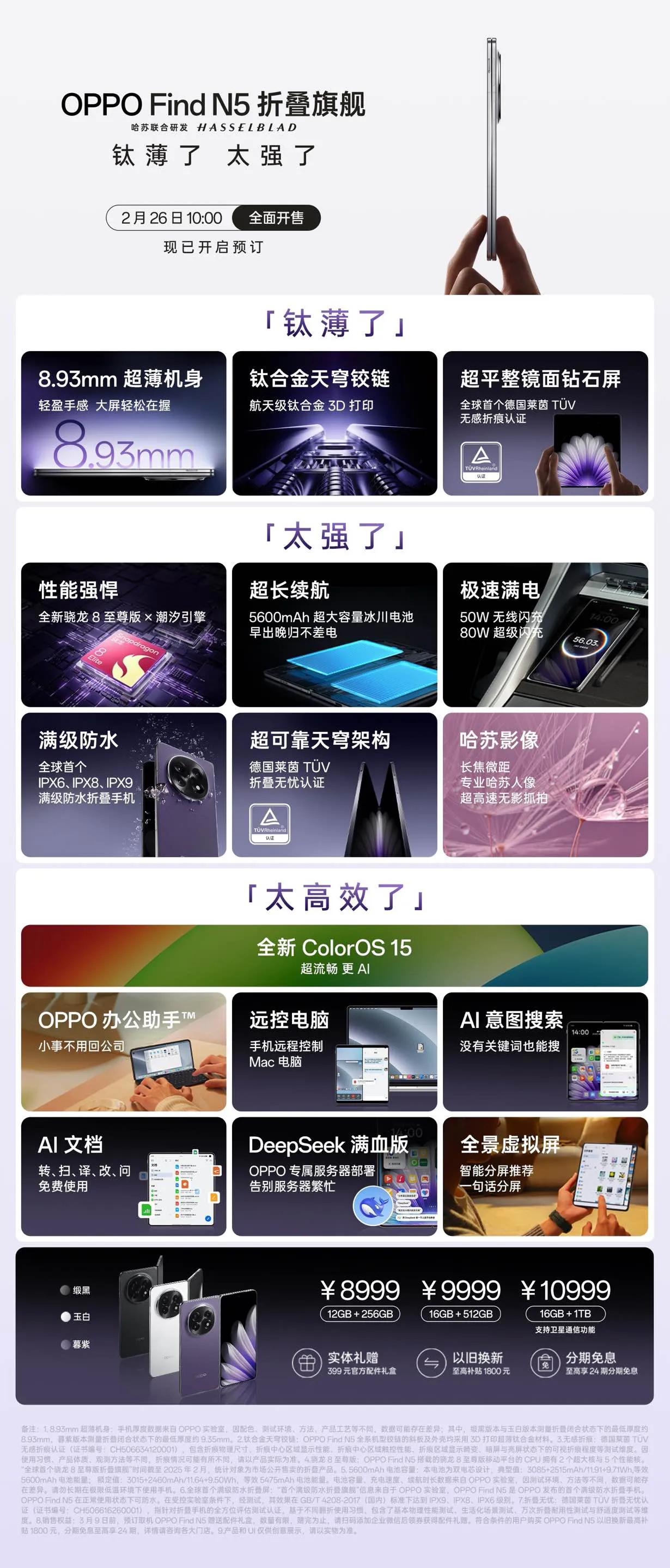 一图看懂全球最薄折叠旗舰OPPO Find N5
薄至8.93mm，续航、充电、