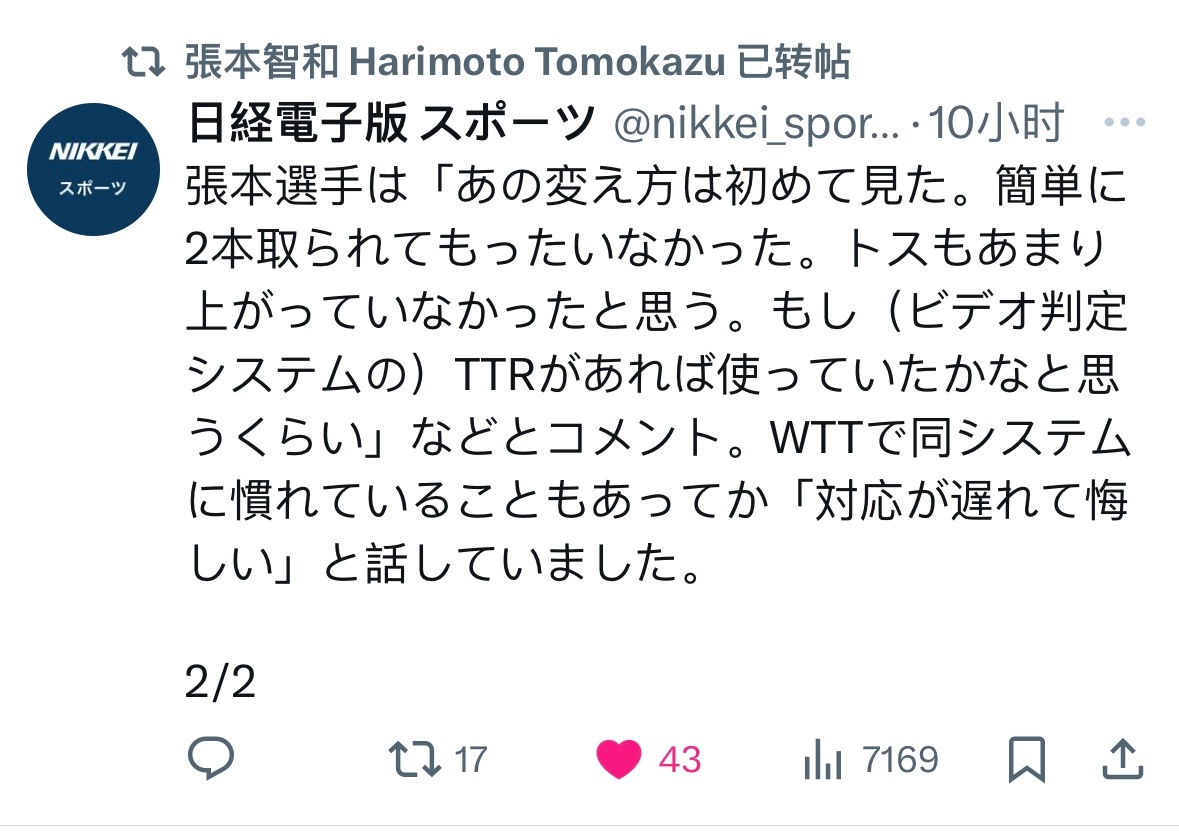 张本智和张本智和 20260126X转发nikken_sports报道原帖内容：