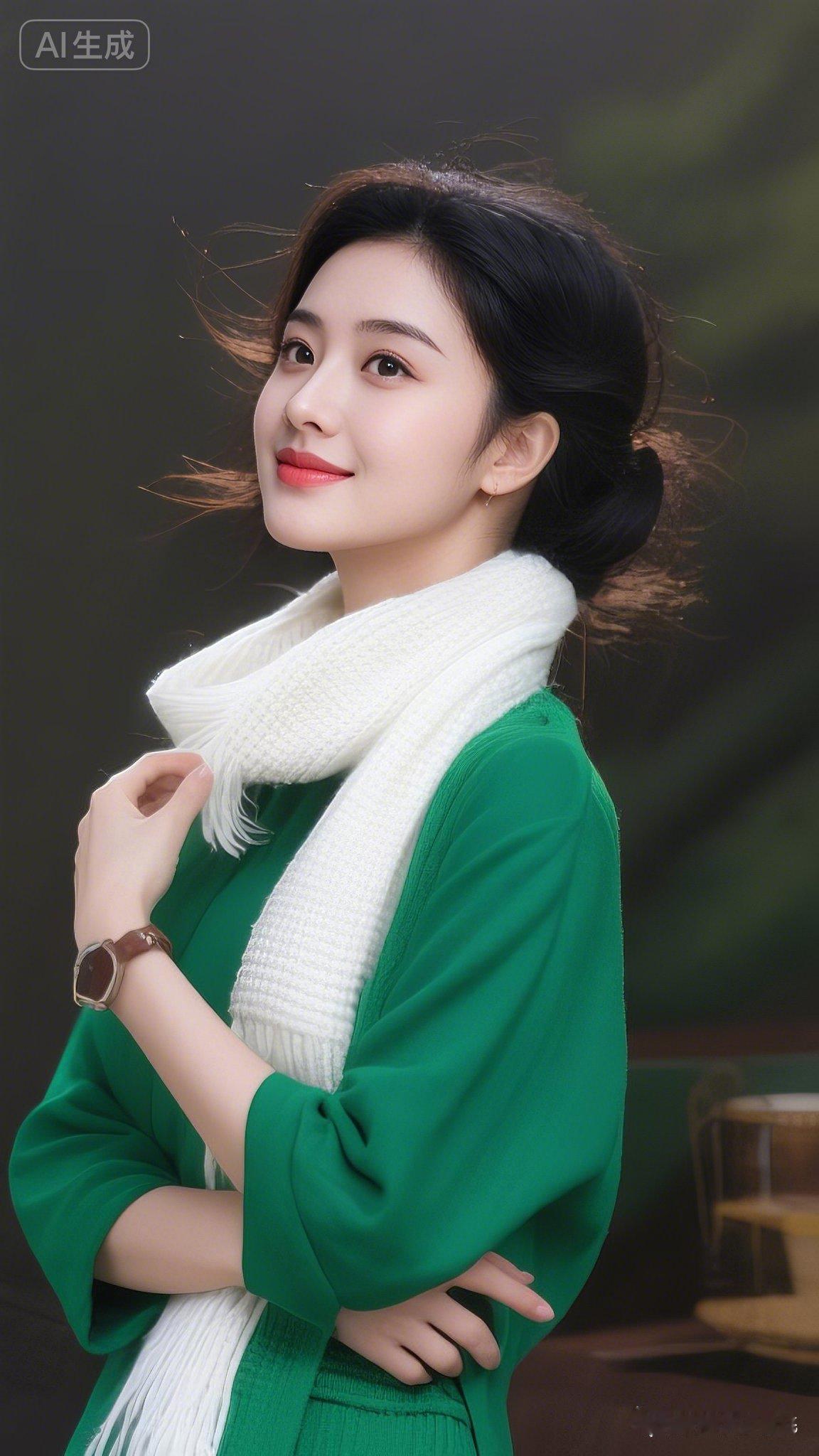 冬日暖阳下，绿衣少女轻抚围巾，温柔微笑。