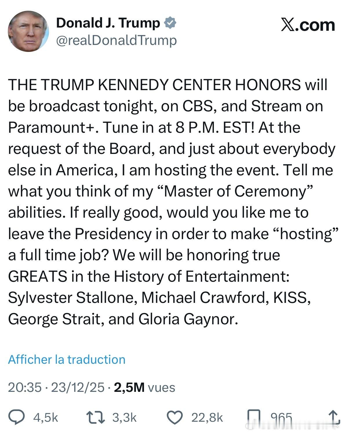 【黄金时代】川普将主持肯尼迪中心荣誉颁奖典礼今晚，特朗普肯尼迪中心荣誉颁奖典礼将