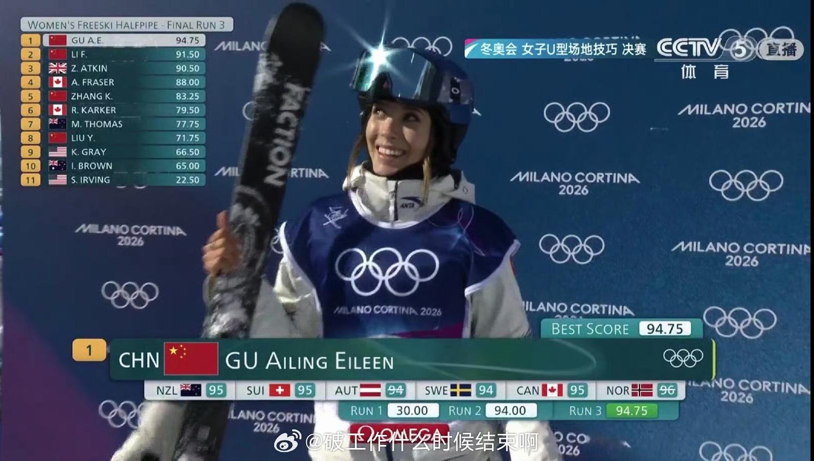 谷爱凌第三滑94.75分📍『2026米兰冬奥会』自由式滑雪女子U型场地决赛⛷️