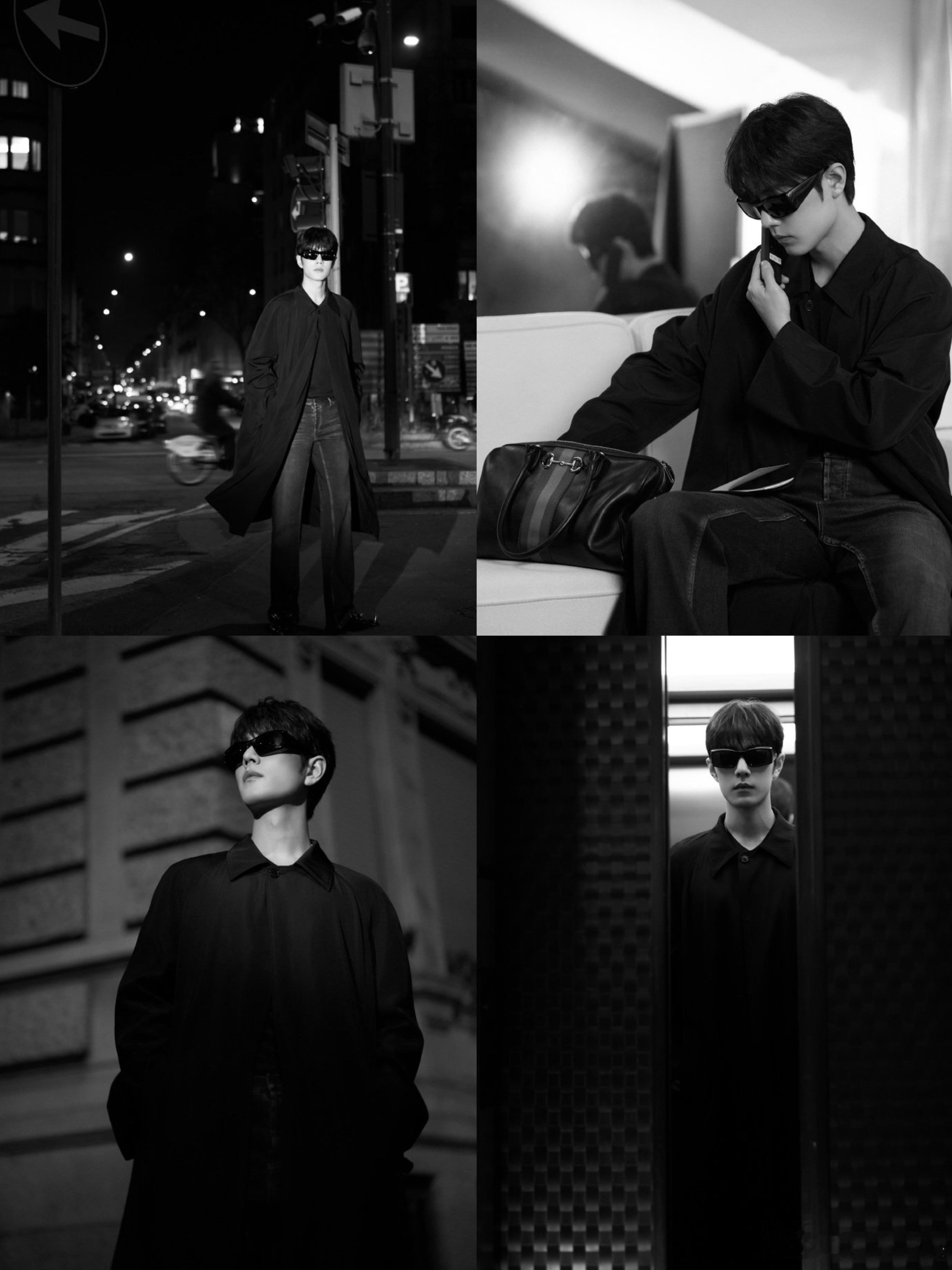 肖战gucci看秀造型出图！黑色长风衣包裹薄肌身材，血槽已空，冷酷的暗夜行者！好