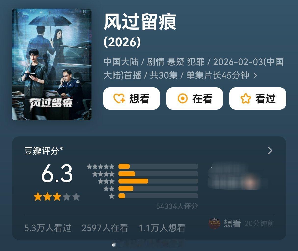 龚俊《风过留痕》豆瓣开分6.3分，打分人数5.4w，低了，这剧的质量至少8分 ，