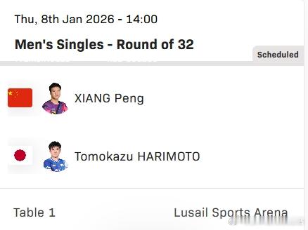 wtt多哈冠军赛2026张本智和 260108 男单R32张本智和 Vs. 向鹏