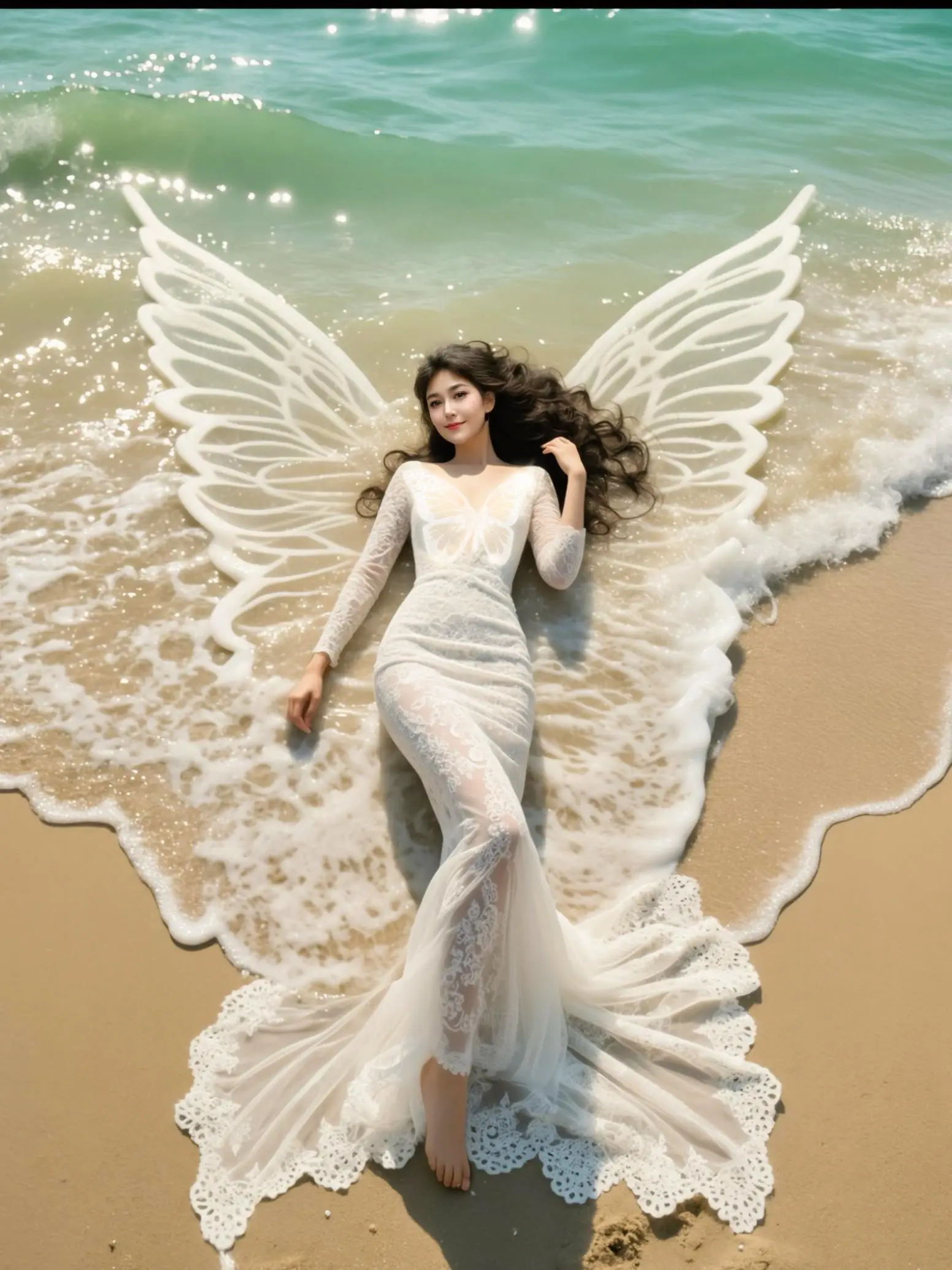 AI森系精灵写真 ai创作 海边白衣美女 深海少女 天使与海之约