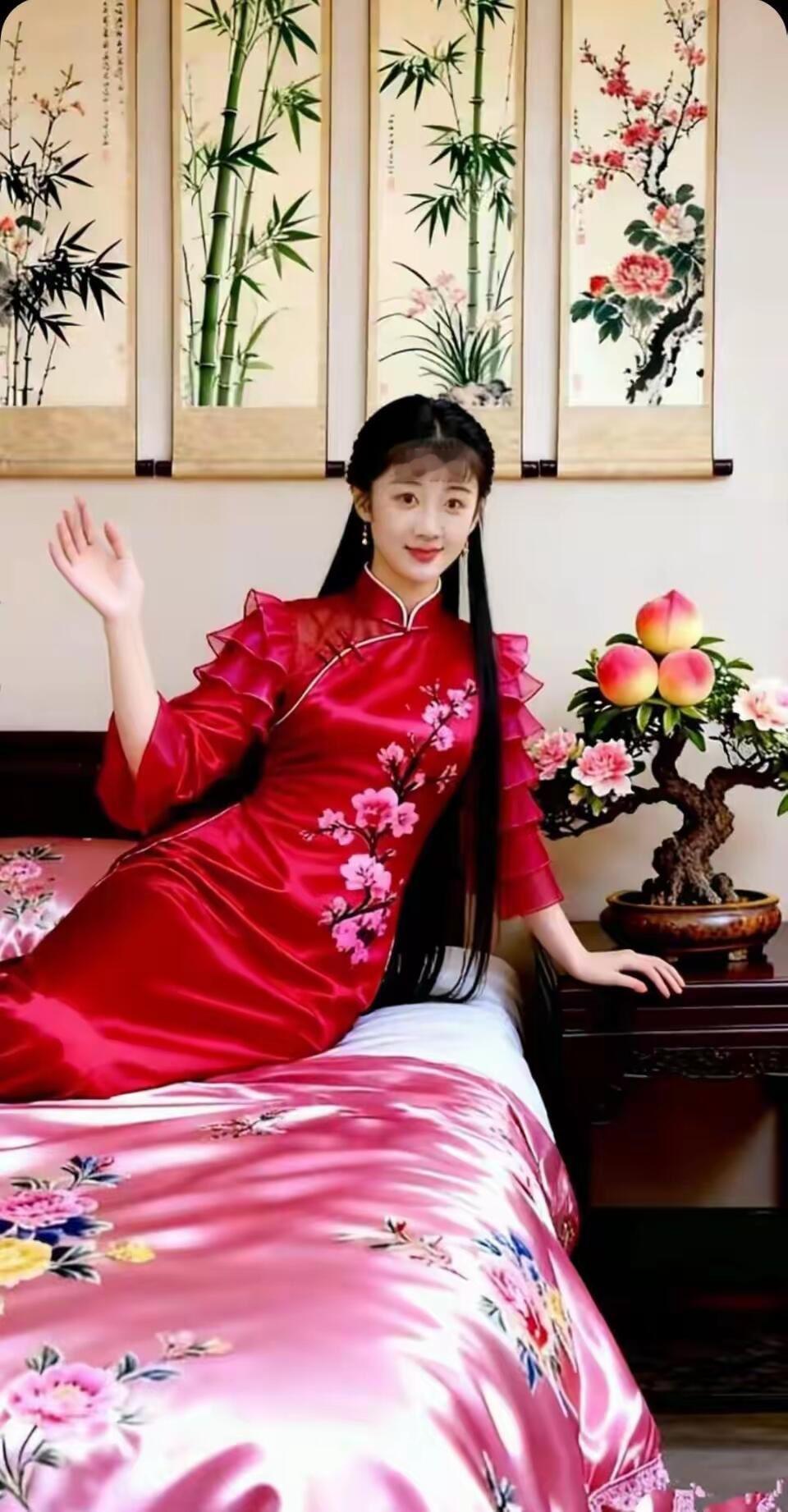 东方古典韵味，红衣美人与花艺相映成趣