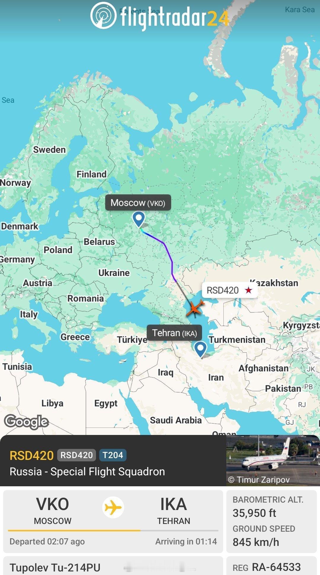 俄罗斯政府的 Tu-214PU 机载指挥所 (RA-64533) 昨天飞往伊朗德