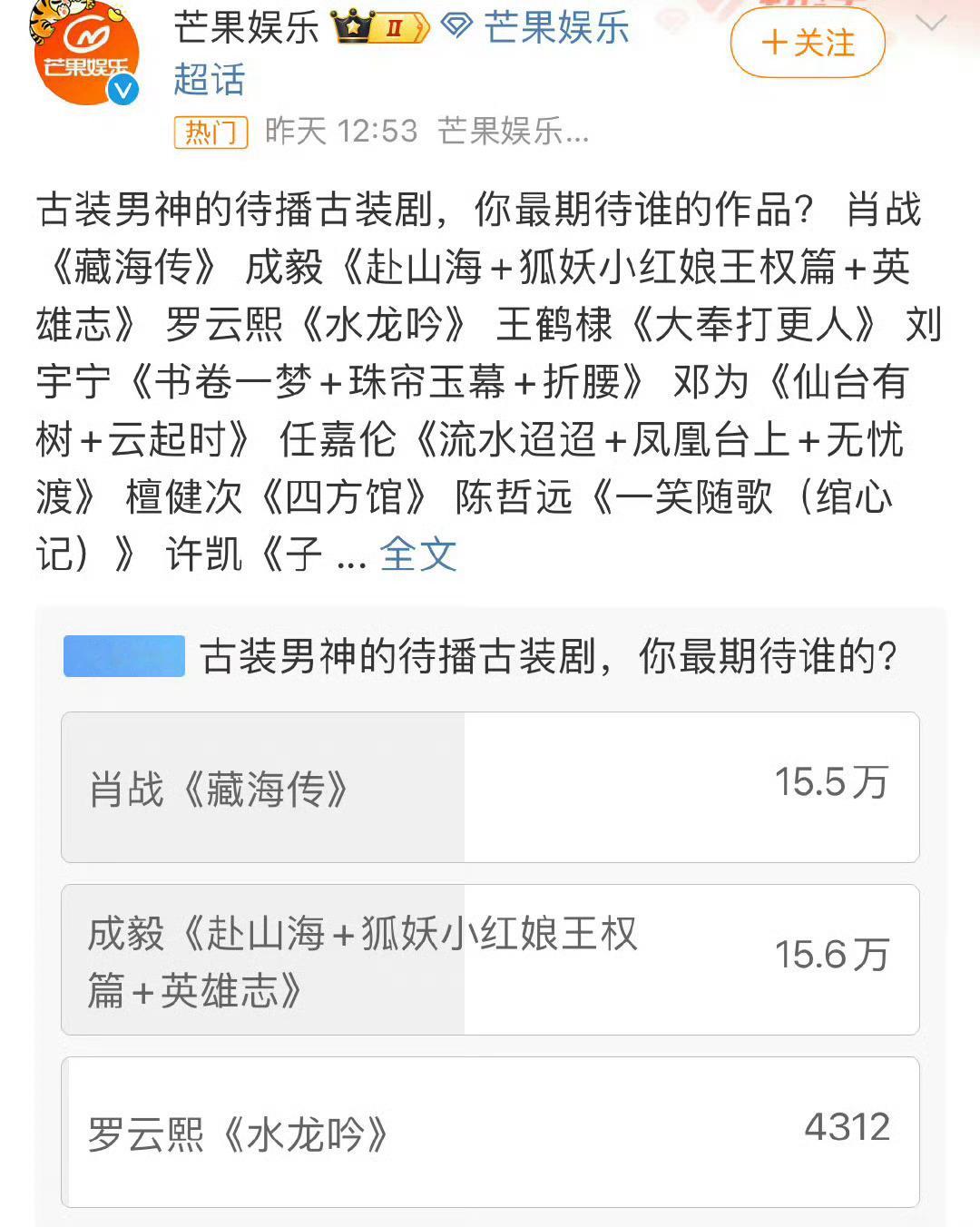 #芒果娱乐 投票#肖战、成毅两位演员的待播作品卖相都不错，期待投票数已经打平了，