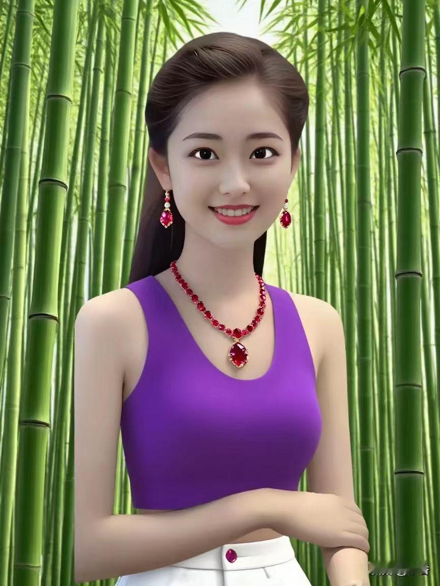 竹林深处，紫衣美人笑靥如花，红宝石配饰闪耀，优雅与自然完美邂逅。