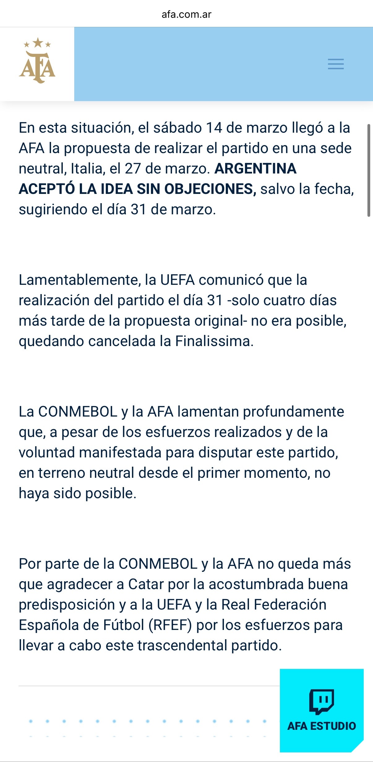 阿根廷足协发布官方声明🚨：关于“欧美杯”取消的官方声明南美足联与阿根廷足协始终