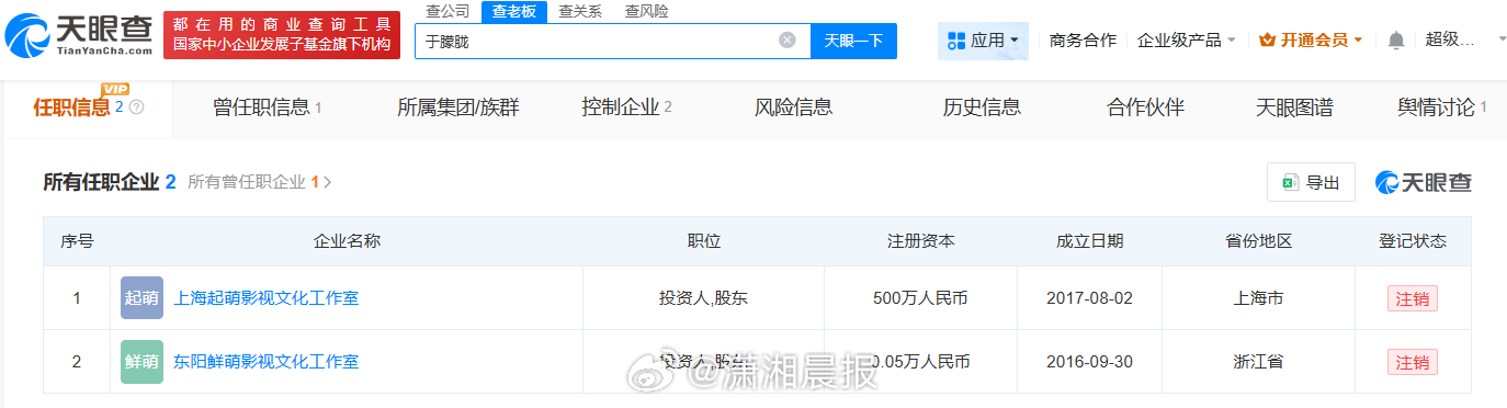 【于朦胧7月刚注销独资工作室】于朦胧名下企业均为注销状态 据潇湘晨报，今日，发文