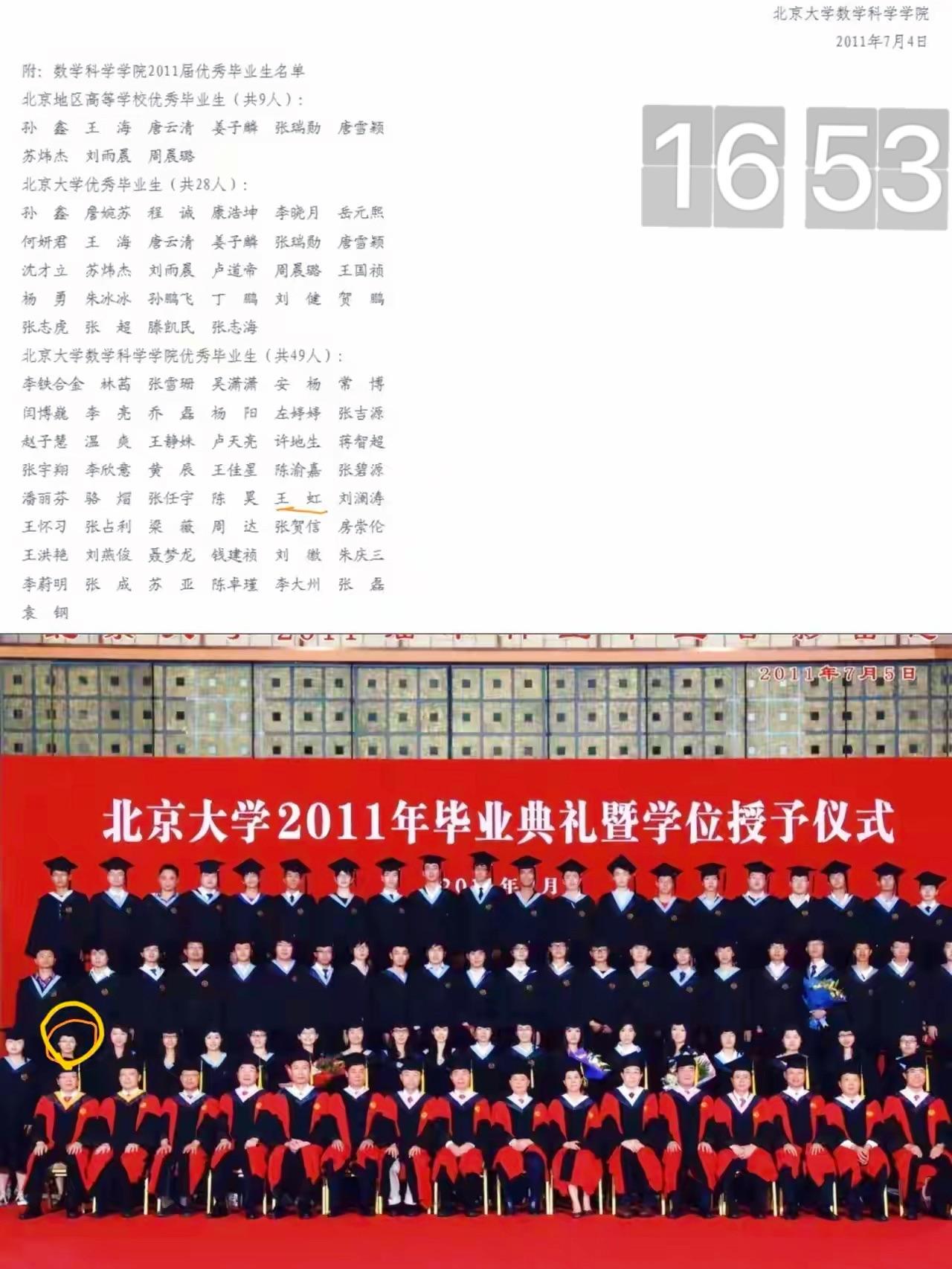 王虹本科毕业照来了！
王虹2011年和数学院全体师生的合照，
让人惊讶的是，王虹