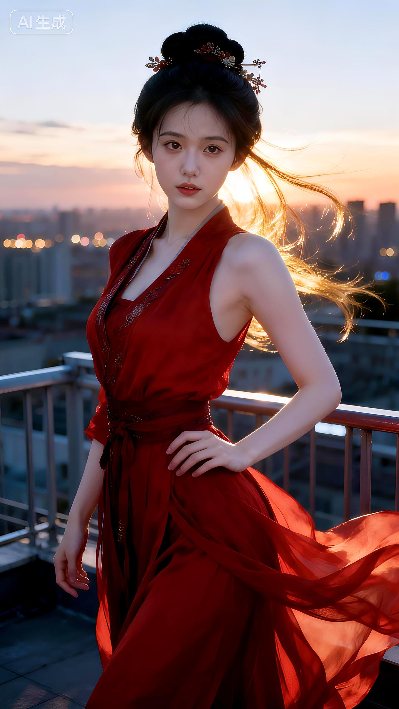 暮色在天台蔓延，红裙如火点燃整座城市的温柔。春日生活打卡季豆包 壁纸 写真
