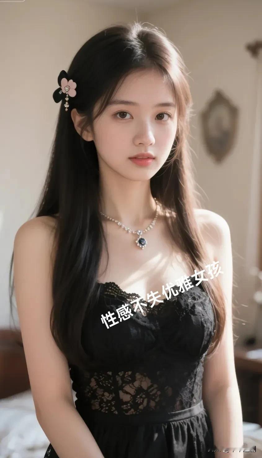 黑蕾丝的妩媚与花朵发饰的娇俏交织，颈间宝石闪烁雅致微光，她在光影里将性感与优雅揉