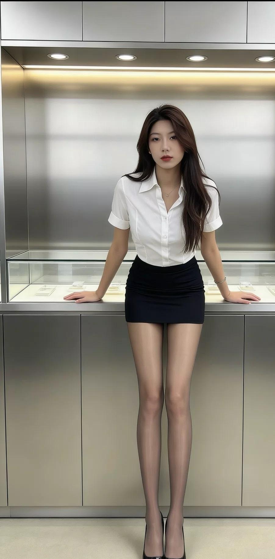 白衬衫搭黑裙的经典搭配，揉着职场的利落与女性的柔媚，在冷调的金属质感空间里，勾勒