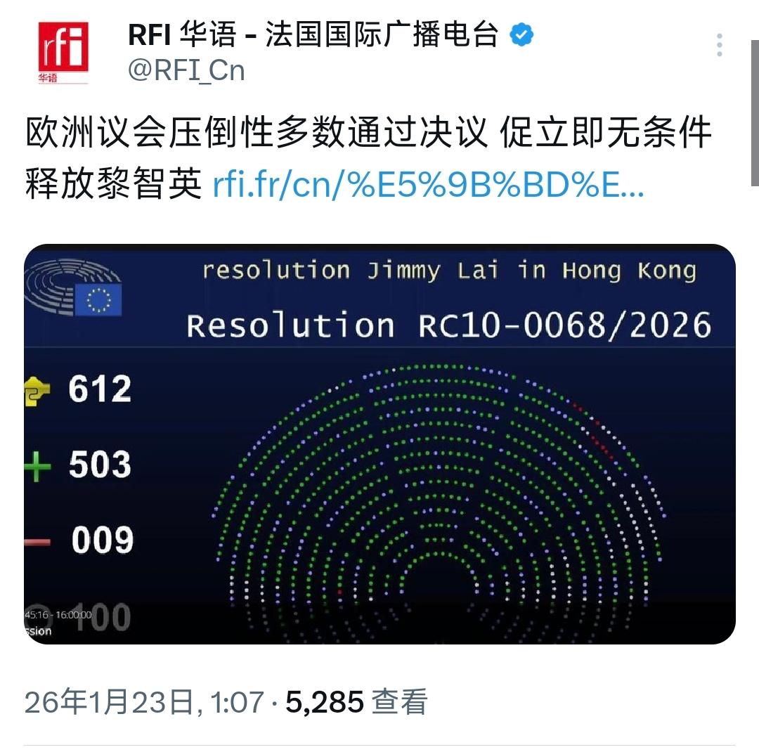 法媒今天（1月23日）报道：“欧洲议会压倒性多数通过决议，促立即无条件释放黎智英