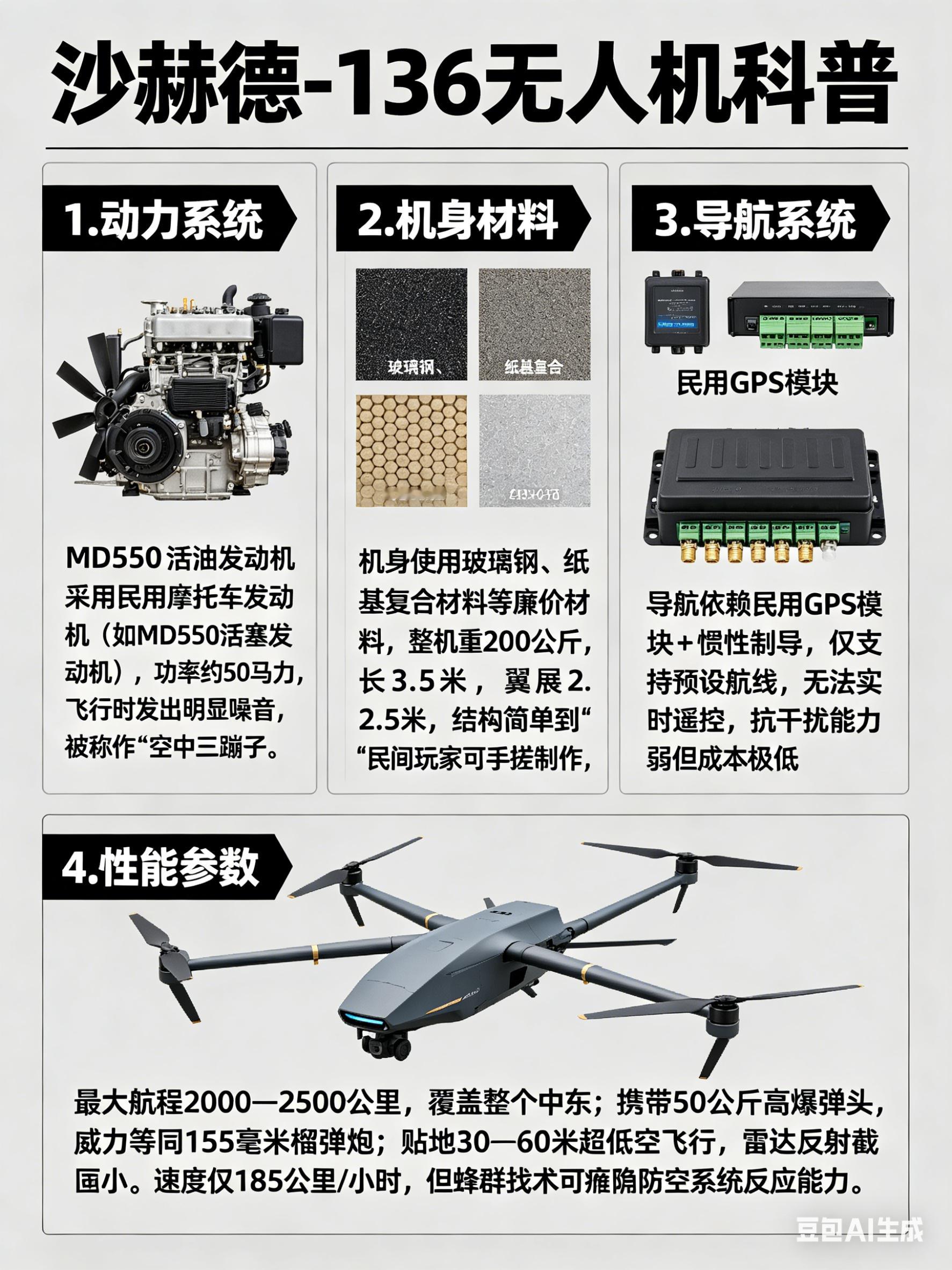 军事ai新视野 沙赫德-136无人机采用民用摩托车发动机（如MD550活塞发动机