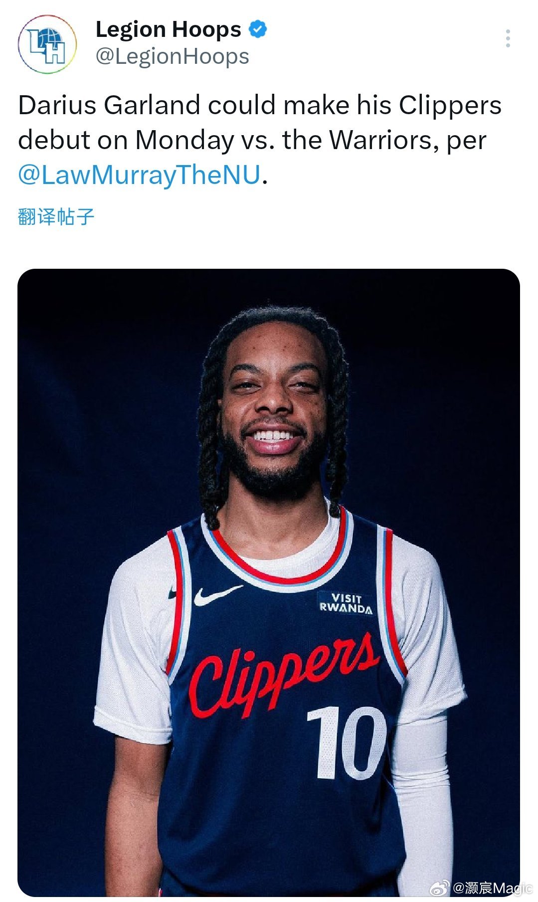 船记Law Murray：加兰可能在对阵勇士的比赛中迎来快船生涯首秀！洛杉矶快船