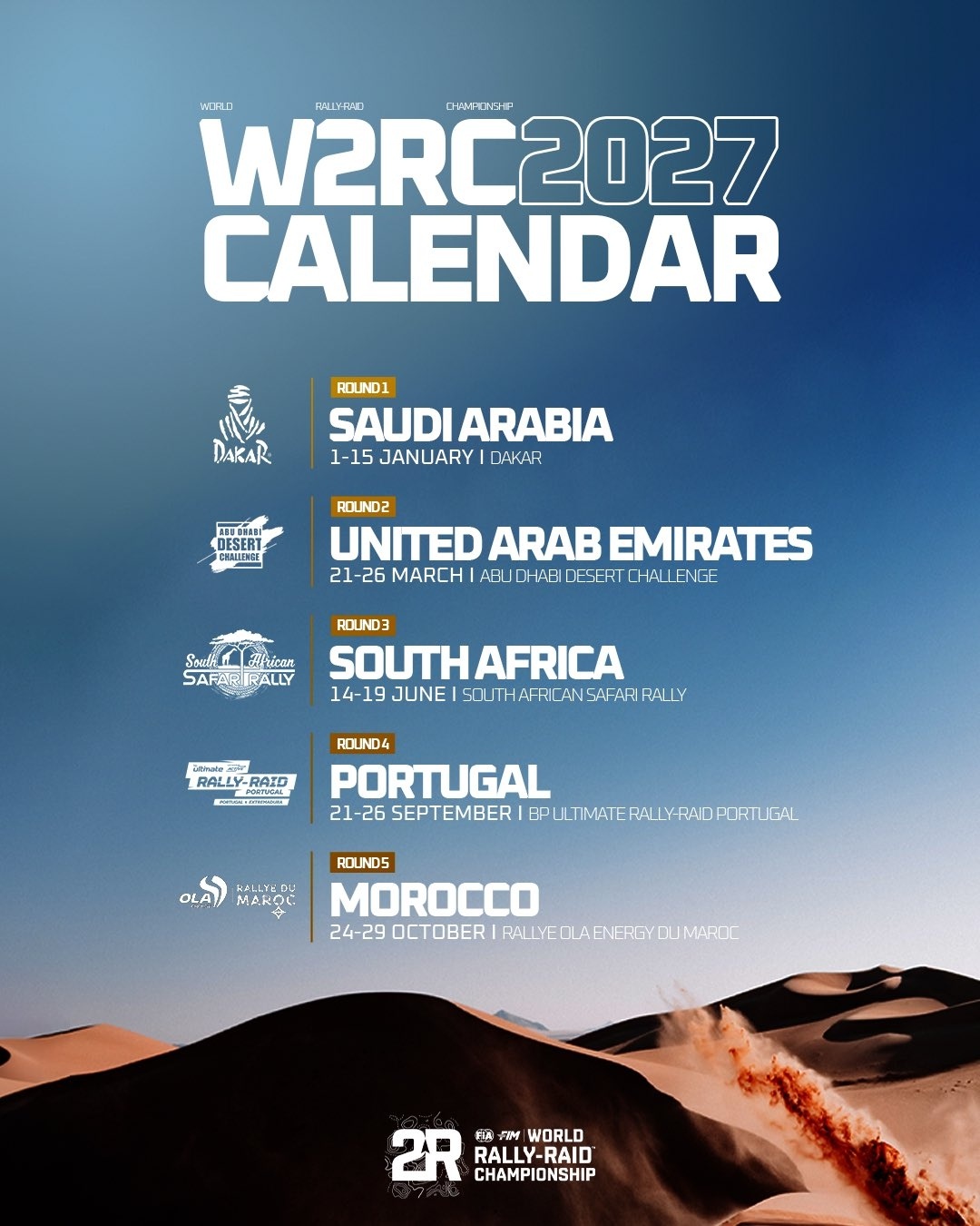 2027赛季W2RC世界越野拉力锦标赛赛历公布~全年维持5个分站的规模，阿布扎比
