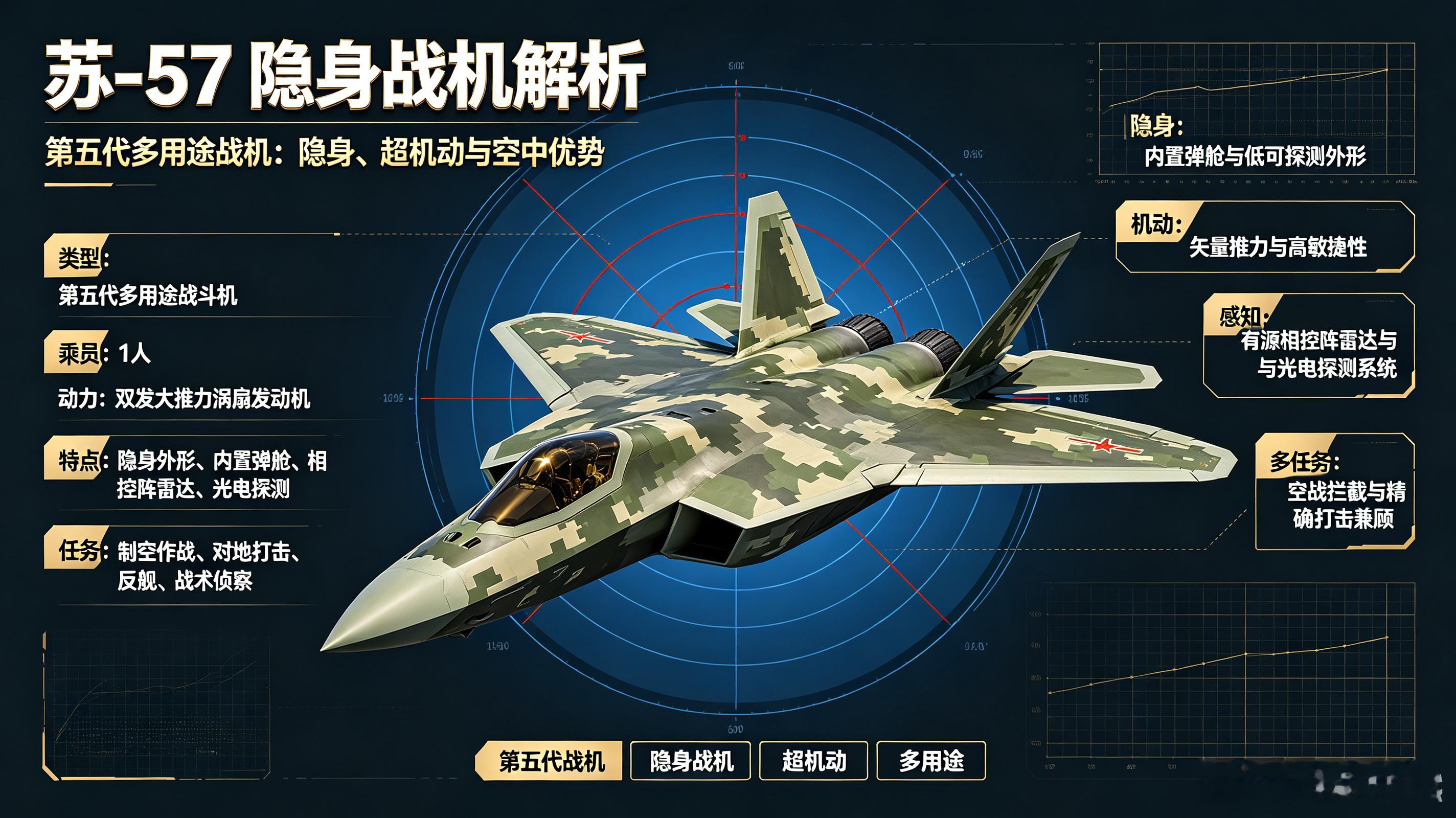 苏-57是俄罗斯第五代多用途隐身战机，强调在高威胁环境中夺取制空权，并兼顾对地精