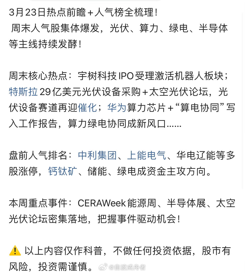 周末人气股多为周五涨停股，集中在光伏、电力、储能等相关领域。中利集团排名靠前，此