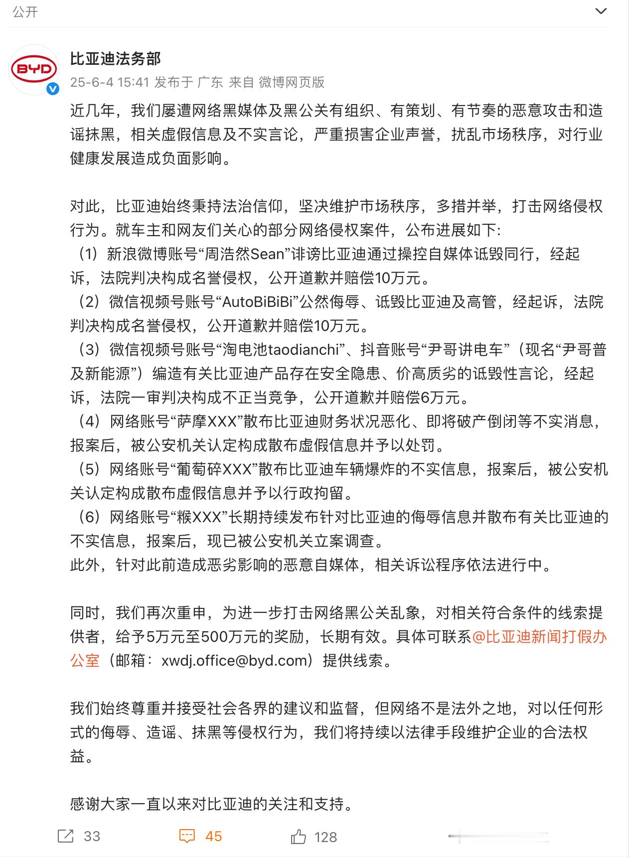 比亚迪法务部：针对此前造成恶劣影响的恶意自媒体，相关诉讼程序依法进行中。 ​​​