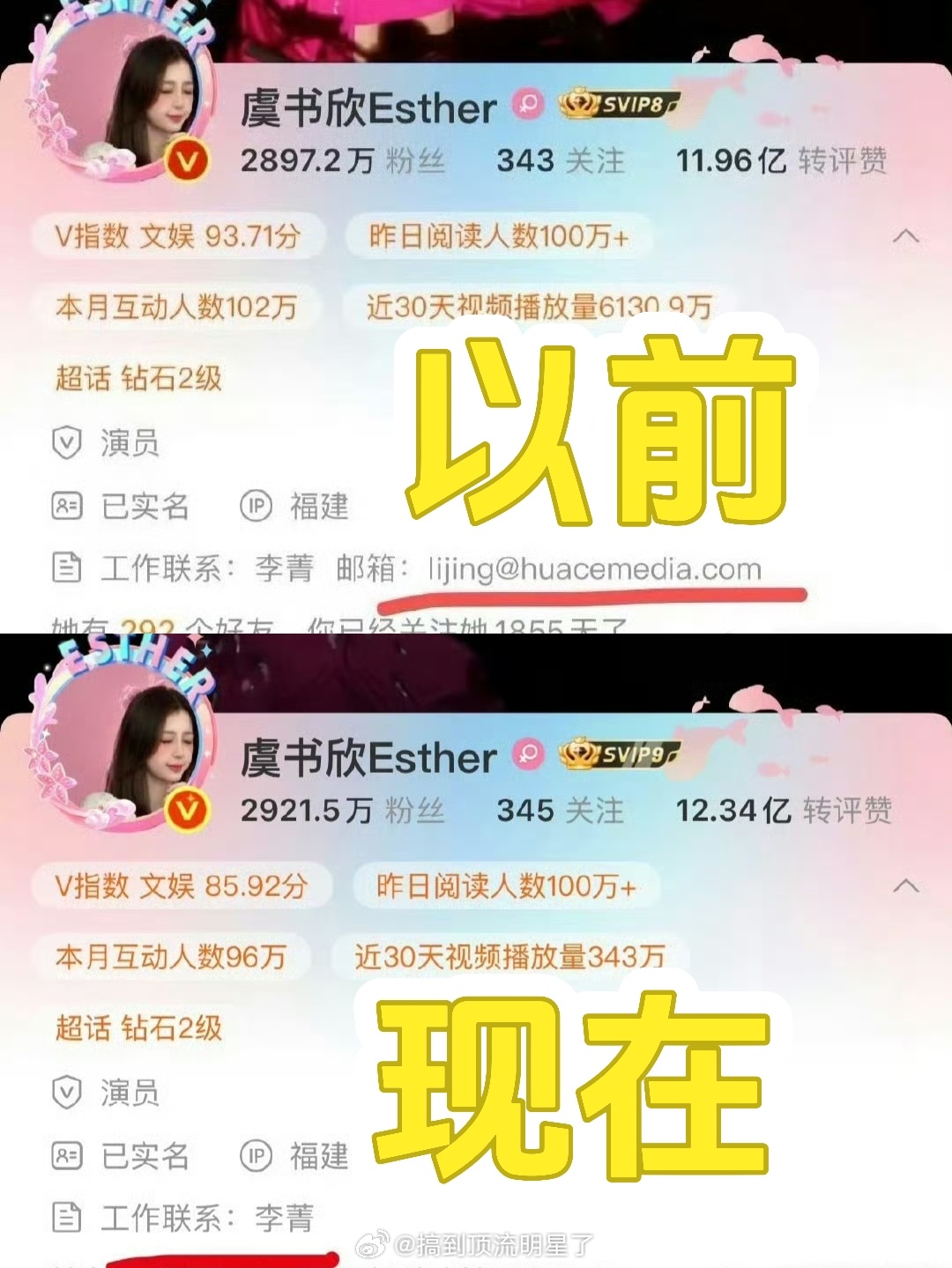 虞书欣变更工作联系方式虞书欣主页联系方式去掉了华策的邮箱，大概率是和华策解约了，