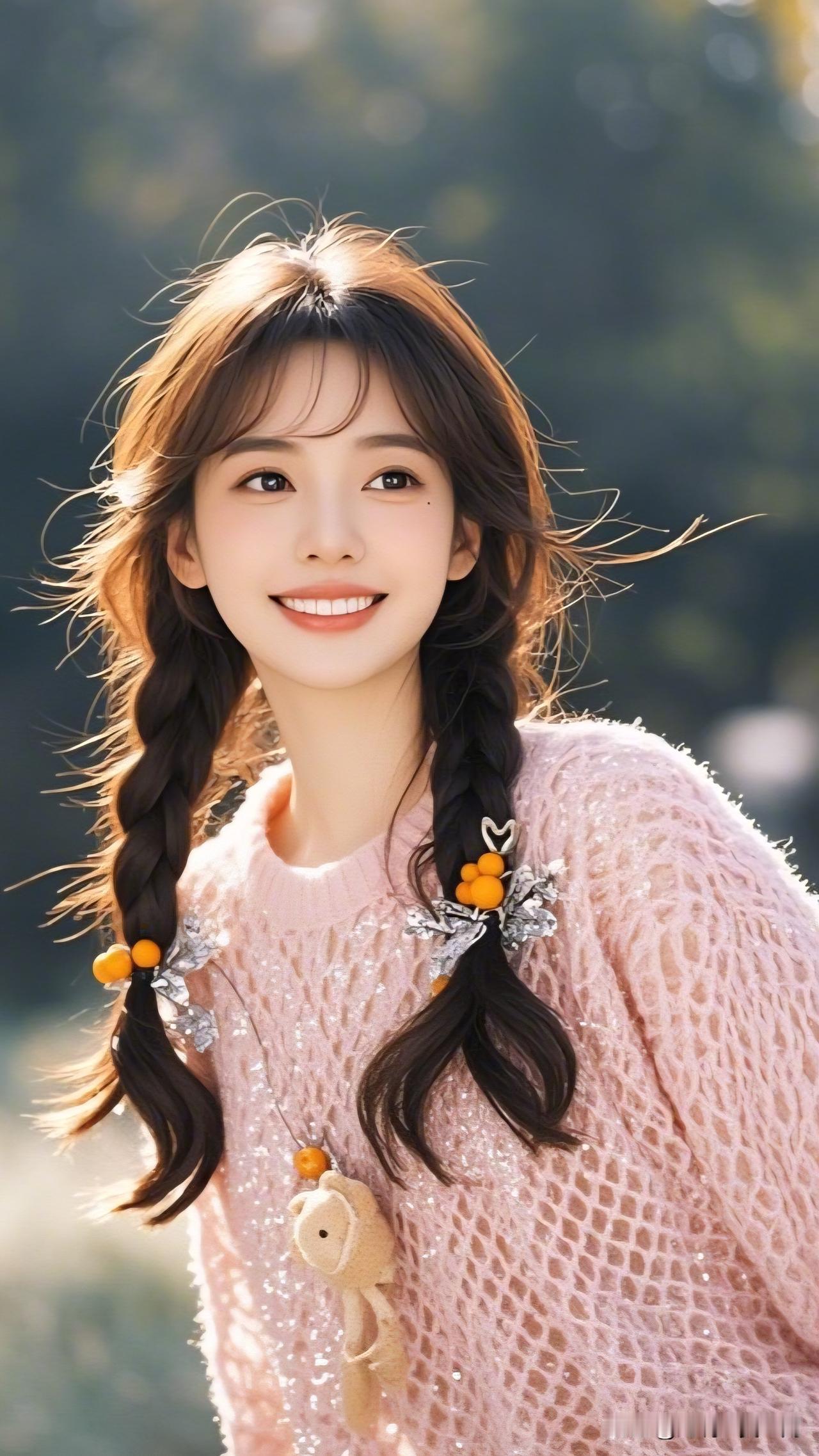 笑靥如花绽，春光满面生。碰见喜欢的美女会有什么感觉和行动 甜美少女风，粉色毛衣搭