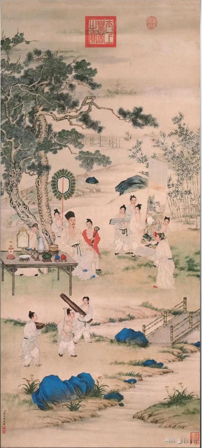 《弘历观画图》是清代宫廷画家郎世宁与中国宫廷画家共同创作的一幅纸本设色画，现藏于