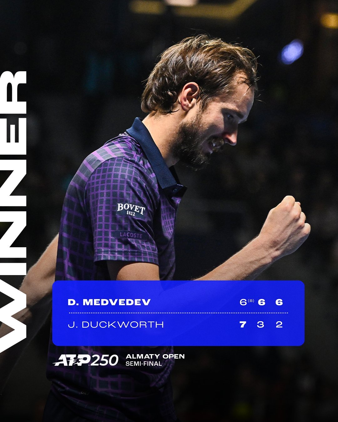 ATP阿拉木图250赛男单半决赛，梅德韦杰夫以6-7(8)/6-3/6-2强势逆