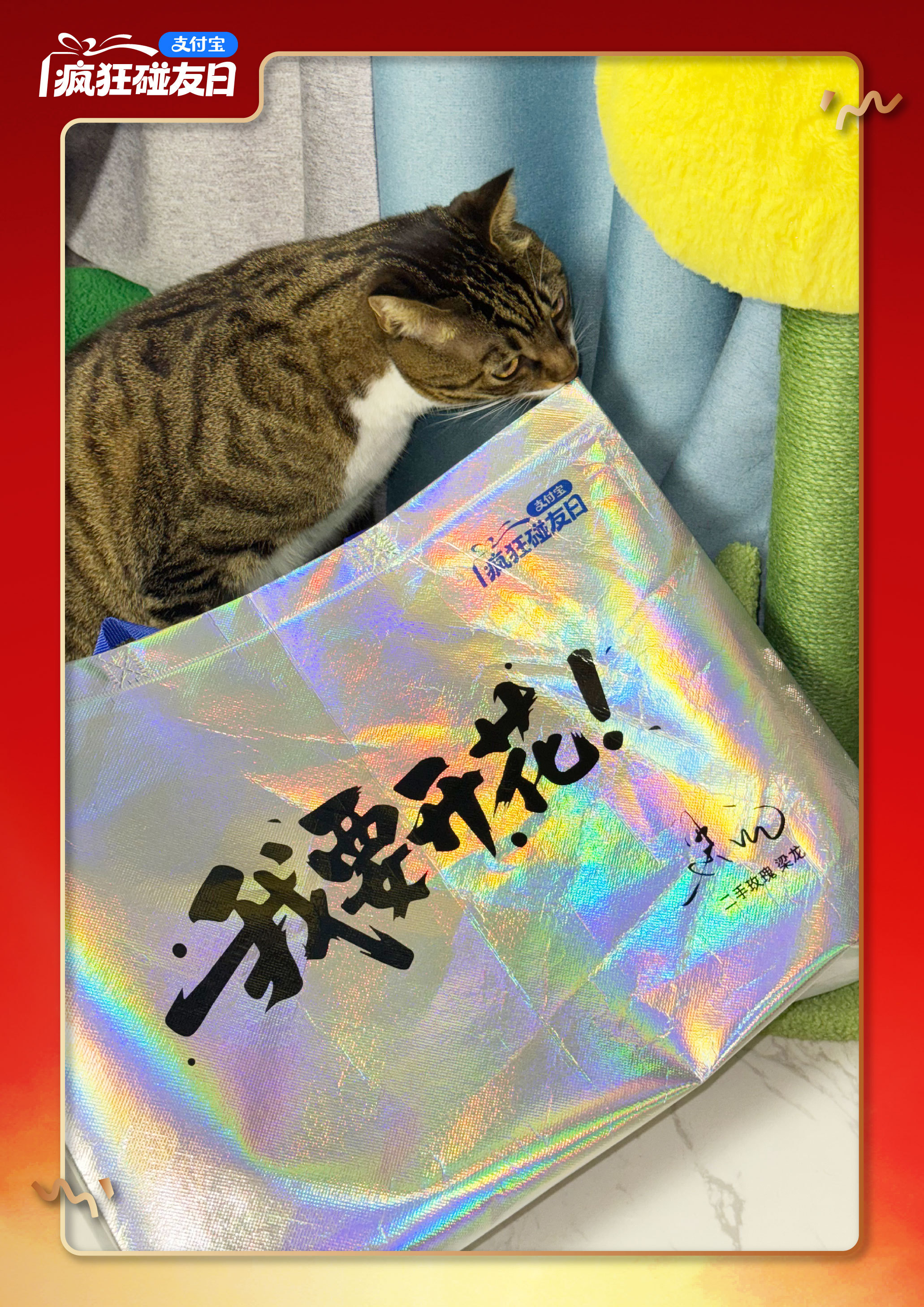 拿到了拿到了！用支付宝碰一下领到好彩头购物袋了~明星祝福已收到，开心！背上购物袋