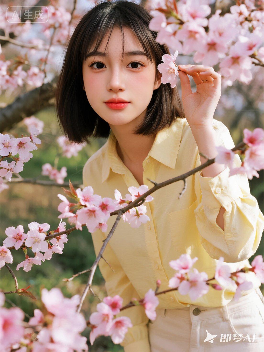 在盛开的桃花园里，姐姐穿着淡黄色衬衣，下身穿米白色裤子，齐肩短发