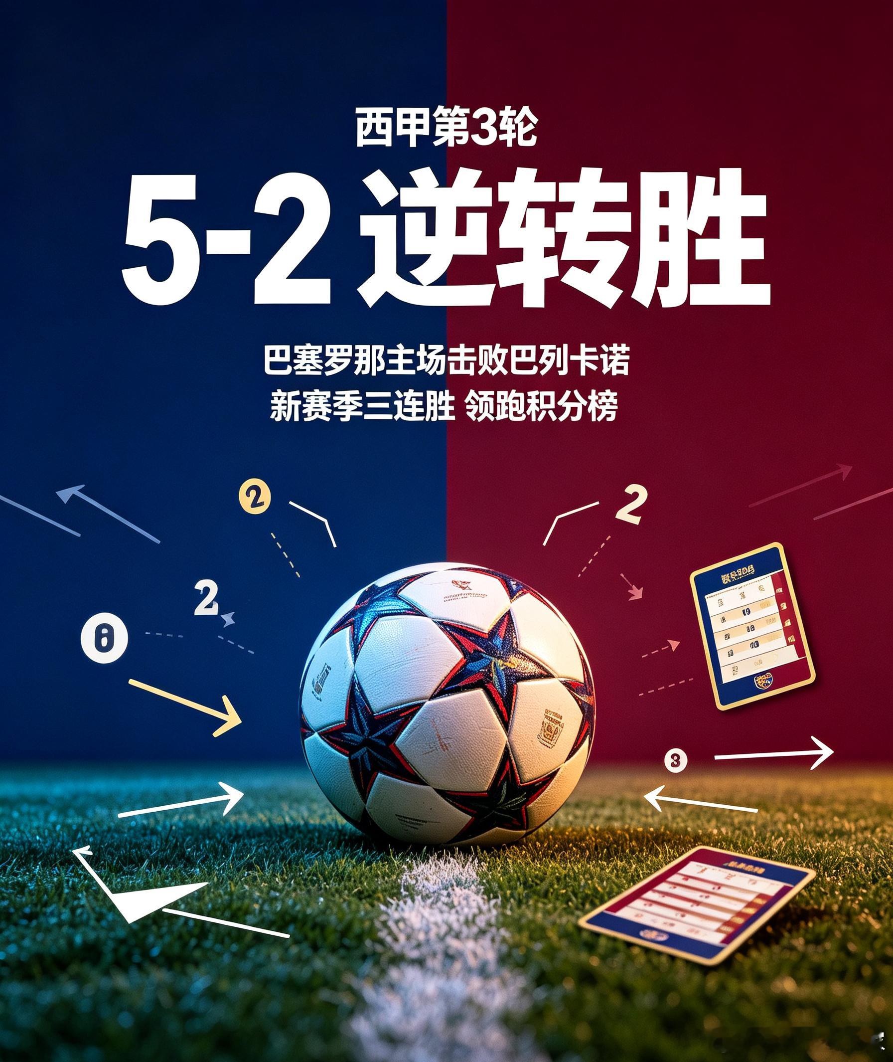 西甲第3轮较量落下帷幕，巴塞罗那主场5‑2战胜巴列卡诺，在先丢一球的情况下完成翻