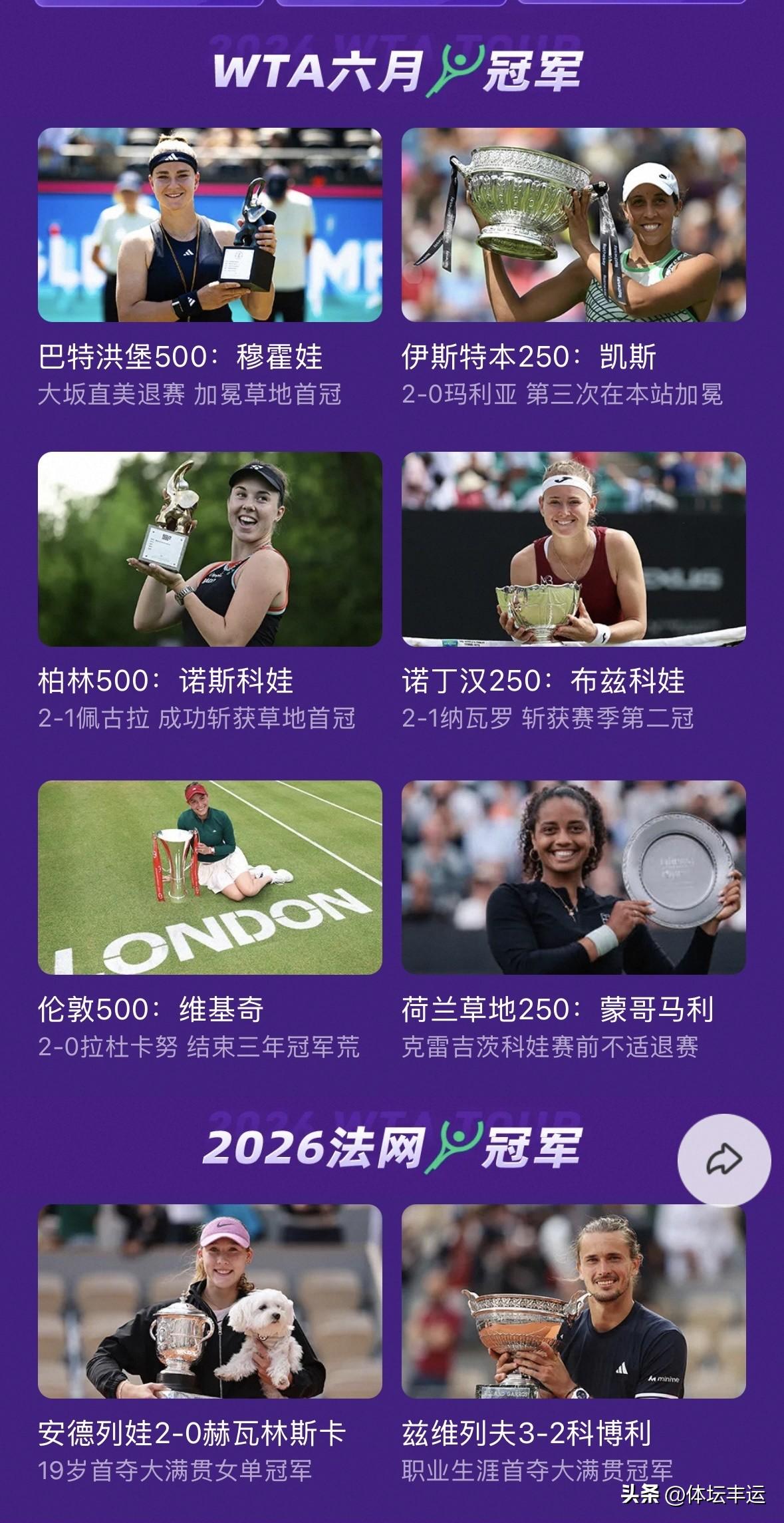 🔥🔥2026WTA 6月巡回赛女单冠军🏆🆕⬇️⬇️

✅女王杯500，克