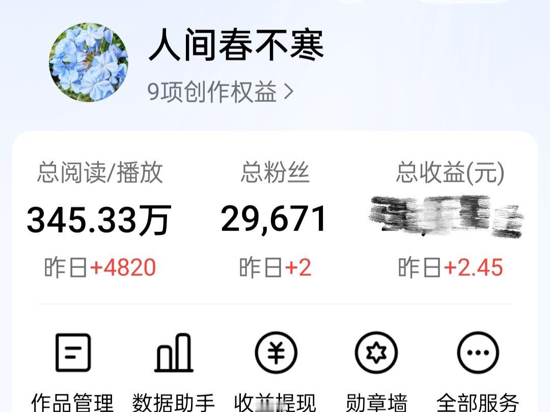 今日头条创作小结：收益2.45元，文章阅读4820，新增粉丝2位，千次单价0.5