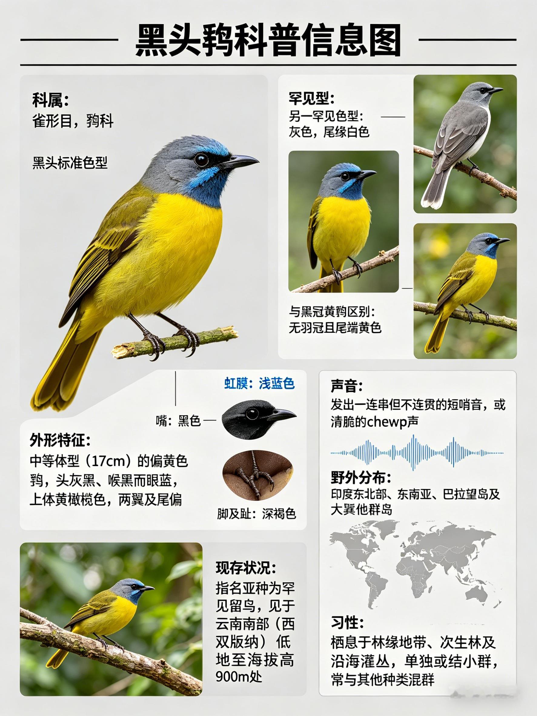 鸟类朋友图鉴 黑头鹎·科属：雀形目，鹎科。·外形特征：中等体型（17cm）的偏黄