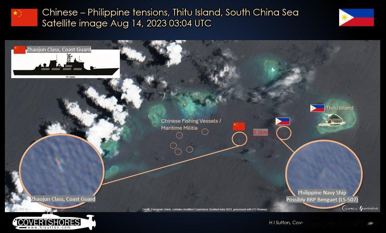 仁爱礁之后，中国海警船在中业岛附近与菲律宾海军舰艇持续对峙！根据国外社交媒体（推