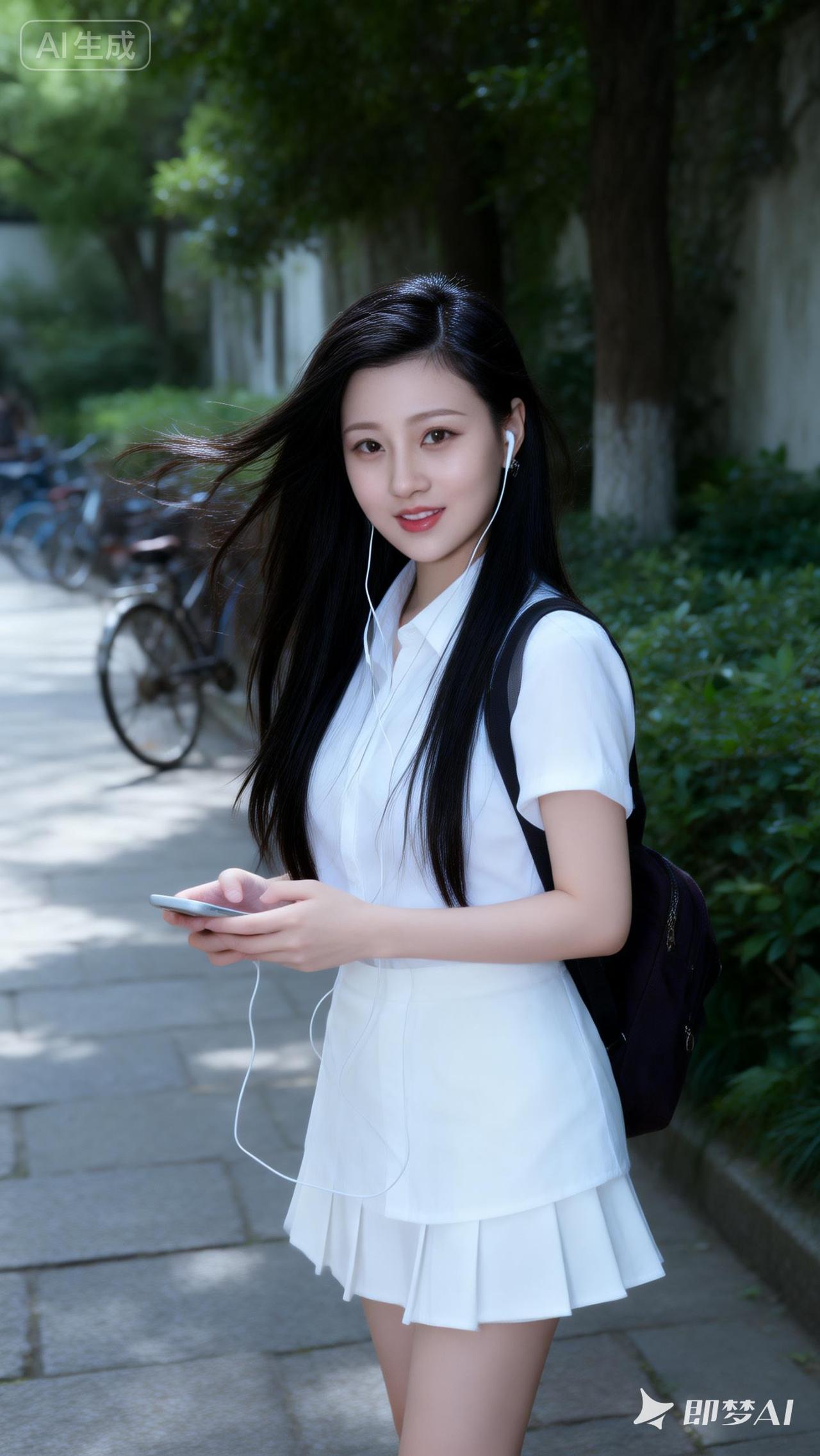 校园风穿搭指南📚✨ 白色短袖衬衫+百褶短裙，搭配耳机，青春活力满满！💃🏻?