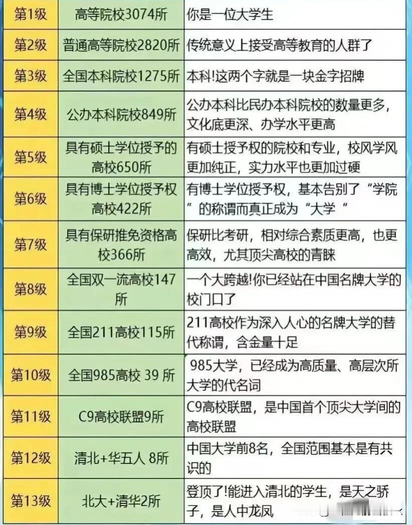 中国高校共有13个等级。

在中国，高等教育体系庞大而复杂，根据不同的标准和评价