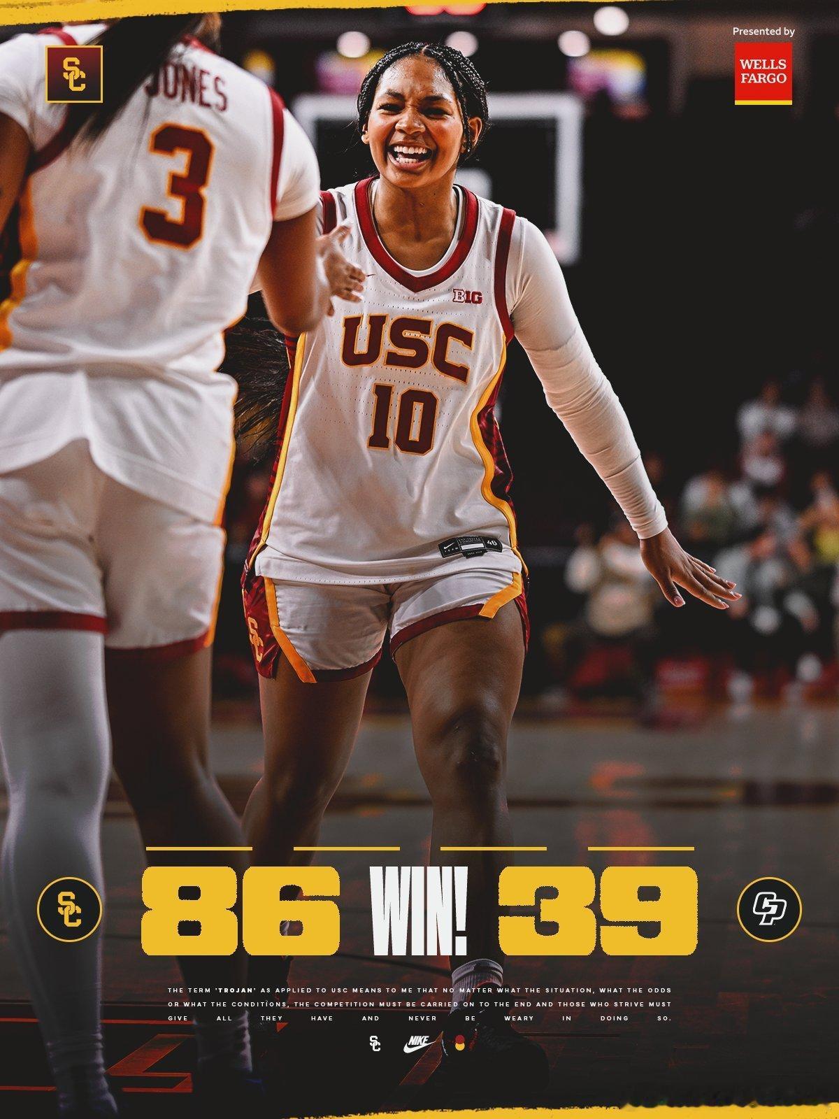 在今天结束的NCAA女篮比赛中，USC主场以86-39击败Cal Poly。替补