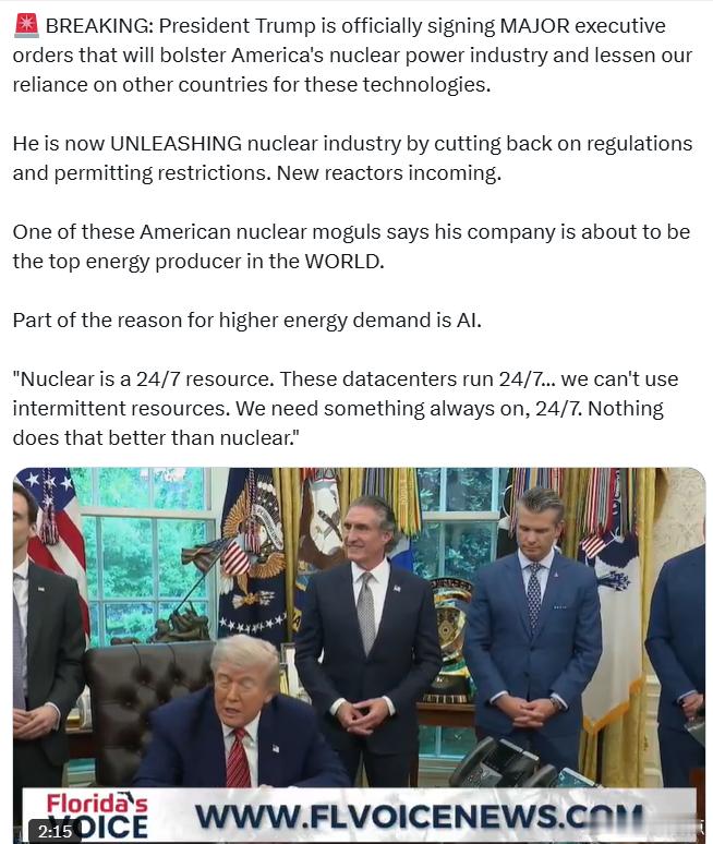特朗普总统正式签署了重大行政命令，以支持美国的核能产业发展，并减少对其他国家在相